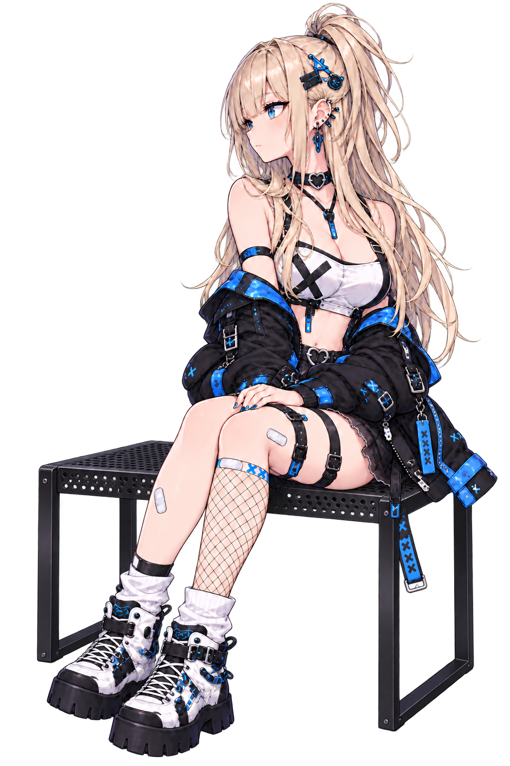 金属ベンチに座って公式サイトを見る金髪のキャラクター